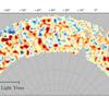 Map of dark matter made from gravitational lensing measurements of 26 million galaxies in the Dark Energy Survey. The map covers about 1/30th of the entire sky and spans several billion light-years in extent. Red regions have more dark matter than average, blue regions less dark matter. Image: Chihway Chang of the Kavli Institute for Cosmological Physics at the University of Chicago and the DES collaboration.